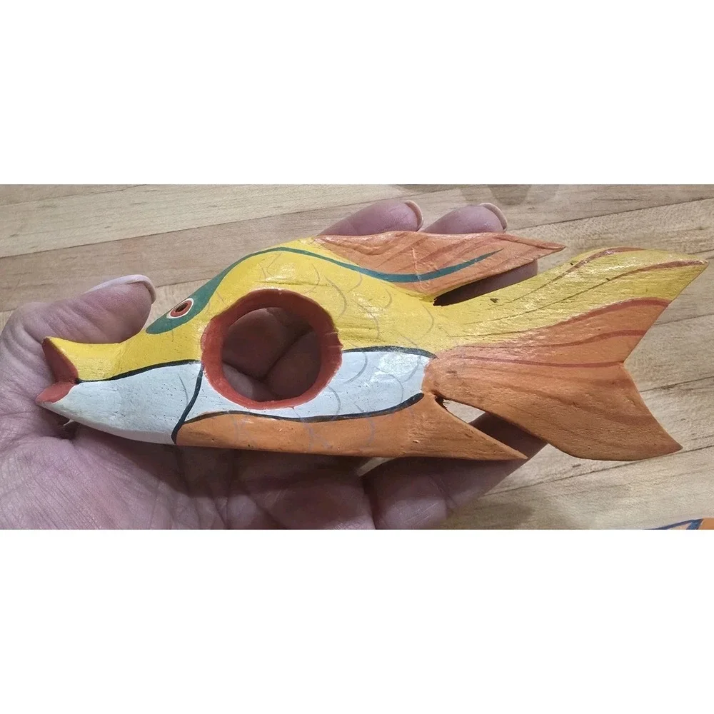 VTG Hand Painted Carved Wooden Tropical‎ Fish Sea Napkin Holders Rings Set of 8
